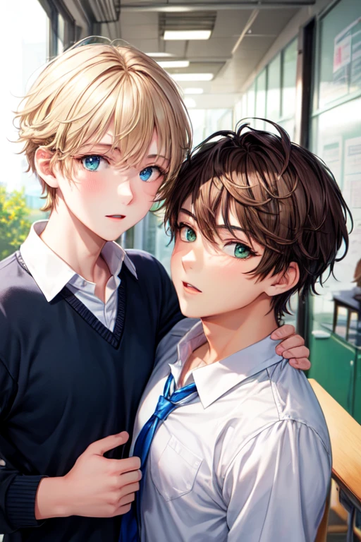 Two 21 year old boys with light brown hair and green eyes and the other blonde with blue eyes wearing school clothes