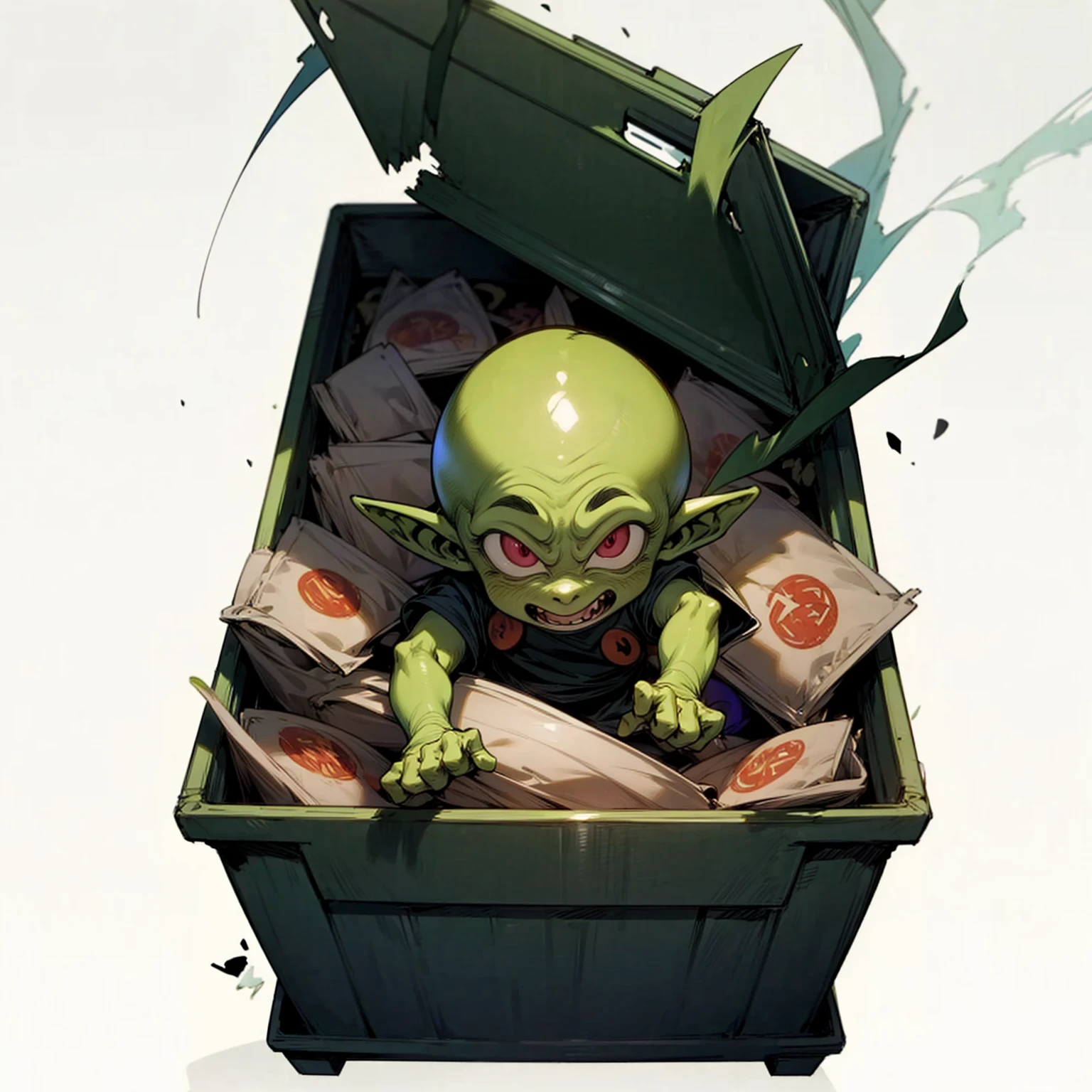 Ultra detailed, full background, Full body version, motion blur, plasma, lens blur, overlay color, overlay blending, lighten blending, chromatic aberration, hd, ultra hd, (dragon ball style), shadow, little boy goblin, trash, rubish