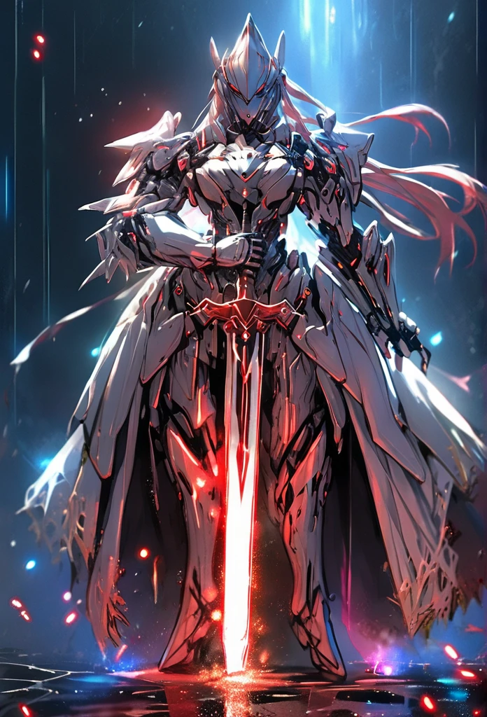 masterpiece, best quality,
1girl, armor, breastplate, faulds, full armor, full body, gauntlets, glowing, helmet, holding, holding sword, holding weapon, knight, long hair, pauldrons, planted, planted sword, rain, shoulder armor, solo, standing, sword, weapon
 