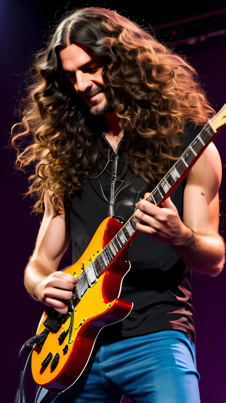 create a rock star playing eletric guitar on stage,long hair,realistic,8k, uhd,