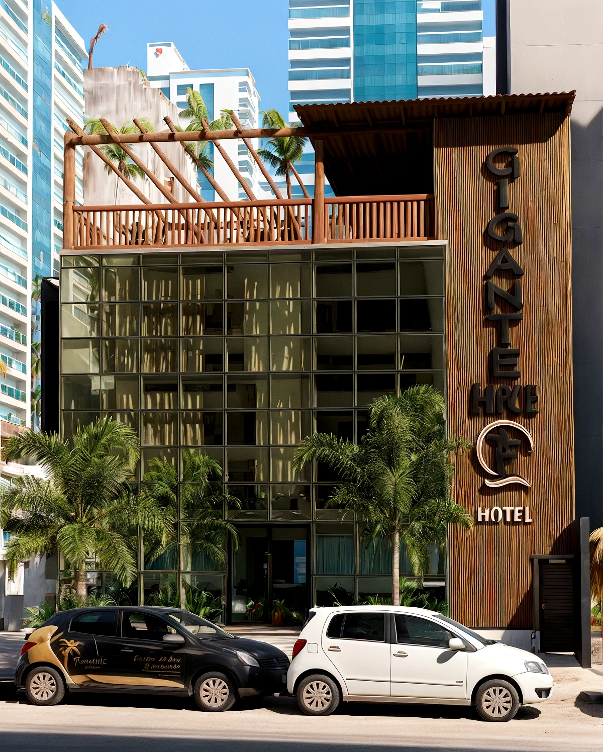 Hotel Facade, with coconut trees in front, written on the façade of Gigante Beach Hotel, in maximum quality.