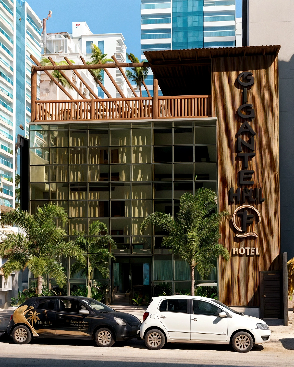 Hotel Facade, with coconut trees in front, written on the façade of Gigante Beach Hotel, in maximum quality.