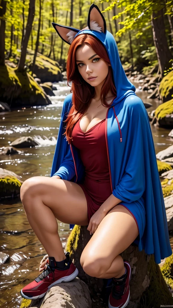 8k, best quality, (photorealistic:1.4), raw photo, 1girl, red hair, animal ears, blue hooded cape, ears sticking out, pose: sitting on a rock in a forest river, yellow eyes, -