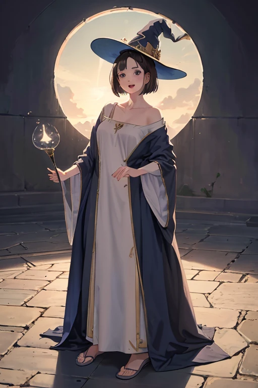 A bobcut brunette adult female wizard standing on the ground, wearing long loosely draped oversized blue robe and an oversized wizard's hat, medieval, brown hair, large long shaped tits, silly personalty, cute happy demeanor, sunny disposition, deredere, oversized clothes,