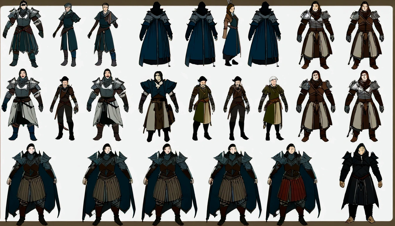 People in different costumes々Group images, A combination of Medieval armor and technology., Medieval armor masks, Medieval+technologies, Character concept art in 8K resolution, 8. concept art style, amazing Character concept art in 8K resolution, Functional Style Fashion, eyes, kingdom come deliverance