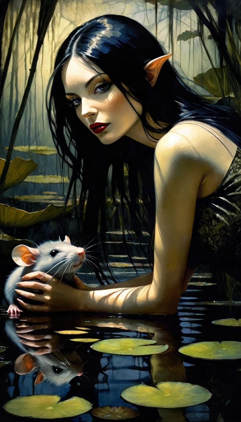 ((woman and her pet rat) long black hair, eroticism, sexy, black and white image, between shadows,in the water of a dark swamp with water lilies, oil painting, dramatic lighting, dramatic contrast, chiaroscuro, detailed face, sensual expression, elegant pose, female figure, mysterious, moody, cinematic, dark romantic, Bill Sienkiewicz inspired, dark atmosphere, powerful composition, dramatic shadows, high quality, photorealistic, masterpiece (best quality,4k,8k,highres,masterpiece:1.2),ultra-detailed,(realistic,photorealistic,photo-realistic:1.37),intricate details,,sharp focus,professional,Dave McKean artwork, oil touch of surrealism,oil painting style,portrait,woman,beautiful detailed eyes,beautiful detailed lips,dreamlike atmosphere,shadow play,soft lighting,playful pose,dark hues,ethereal background,fantasy elements,texture,layered composition.
