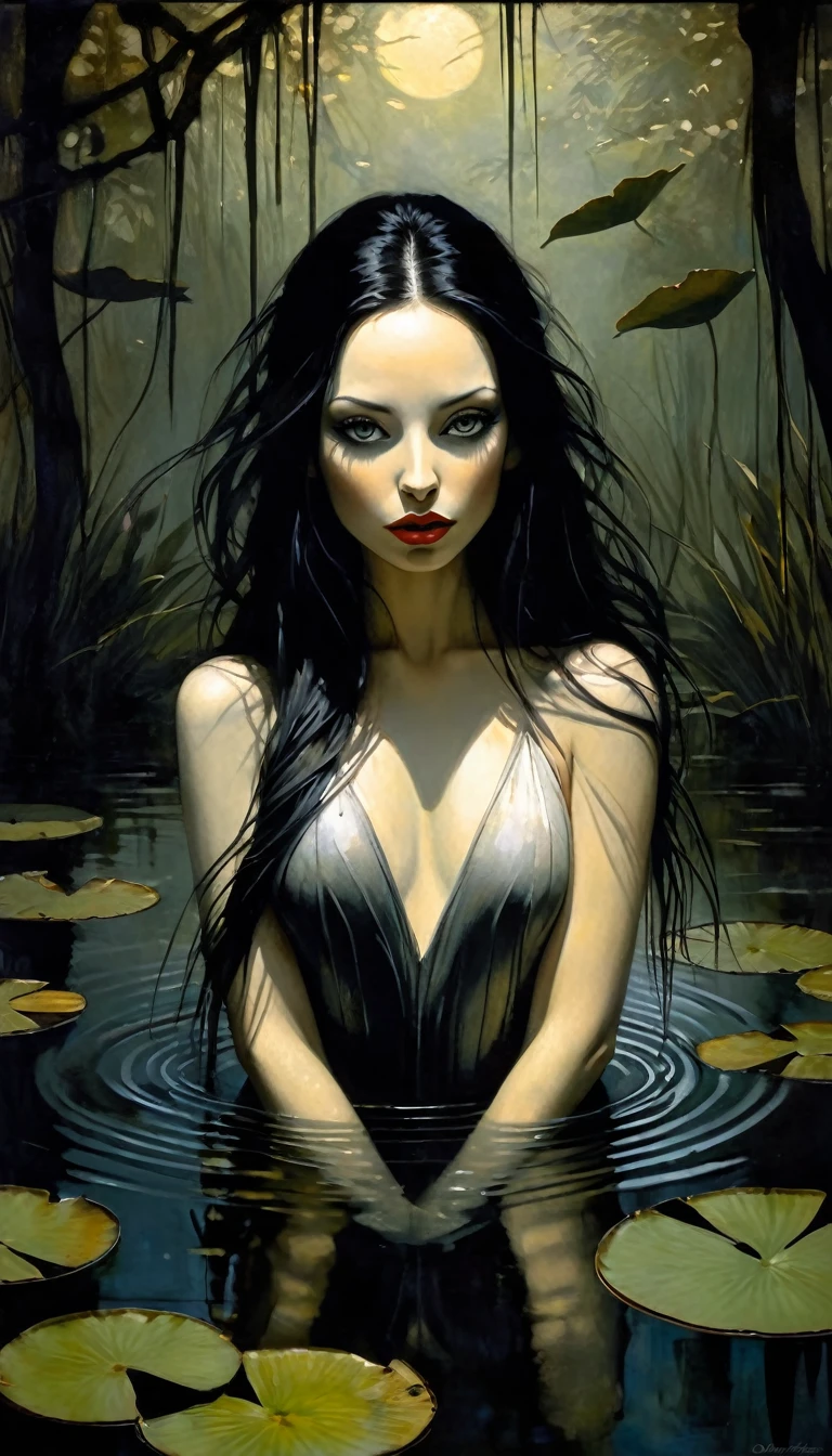 ((woman and her pet rat) long black hair, eroticism, sexy, black and white image, between shadows,in the water of a dark swamp with water lilies, oil painting, dramatic lighting, dramatic contrast, chiaroscuro, detailed face, sensual expression, elegant pose, female figure, mysterious, moody, cinematic, dark romantic, Bill Sienkiewicz inspired, dark atmosphere, powerful composition, dramatic shadows, high quality, photorealistic, masterpiece (best quality,4k,8k,highres,masterpiece:1.2),ultra-detailed,(realistic,photorealistic,photo-realistic:1.37),intricate details,,sharp focus,professional,Dave McKean artwork, oil touch of surrealism,oil painting style,portrait,woman,beautiful detailed eyes,beautiful detailed lips,dreamlike atmosphere,shadow play,soft lighting,playful pose,dark hues,ethereal background,fantasy elements,texture,layered composition.
