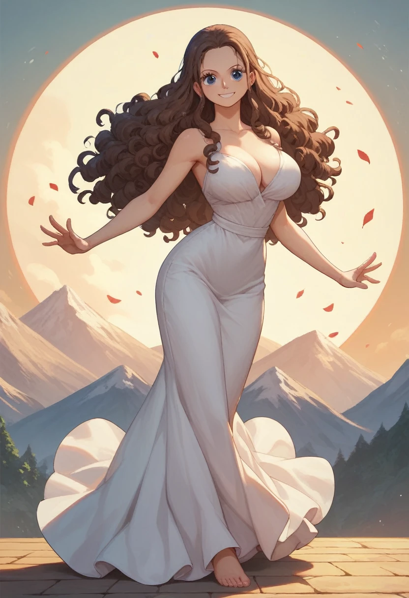 Cute beautiful indian age 18 year old girl , wearing beautiful one piece dress curly hair, blue eyes, brown hair , long hair , smiling, big breast, at top of mountain , hot sexy attractive seductive gorgeous full body pose full body shot