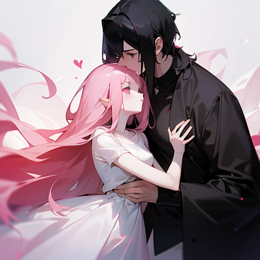 a couple, a girl with long pink hair, a short white dress, a boy with black hair, pale skin, black shirt,he is kissing the girl, ((squeezing her chest)),pink room 