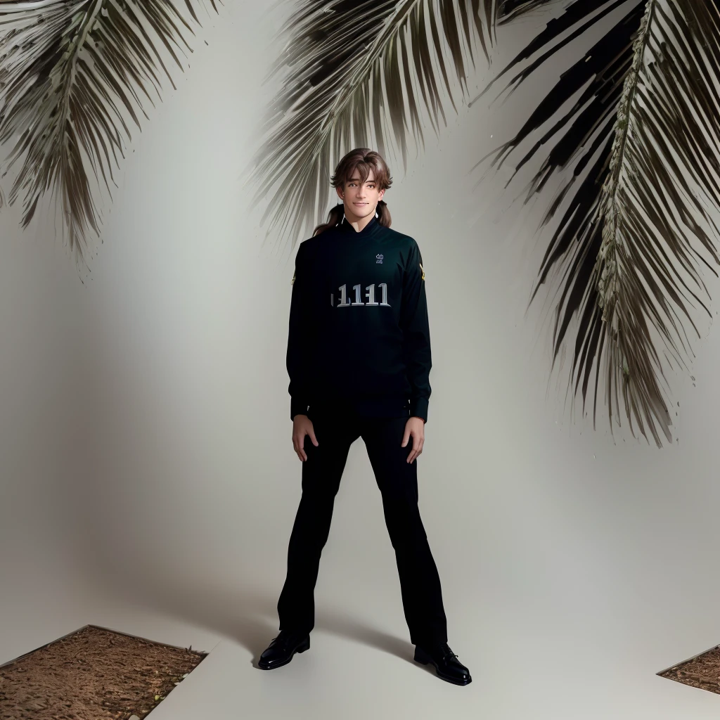 Masterpiece, Best Quality, Official Art, (Highly Detailed CG Unity 8k wallpaper), Detailed background, (Hands by Guido Daniele: 1.1), Feet out of frame, First Person View, 1, Attractive and Perfect Beautiful Man, Schoolboy, JK, Uniform, Rainy Day, Lots of Rain, Windy, (Curvaceous), ( White Thighs: 1.12), (Brown Long Hair: 1.12), (Ahoge (1.13), (high ponytail: 1.12), (green eyes: 1.13), big, (cleavage), beautiful face, (blush: 1.11), (smile: 1.11)