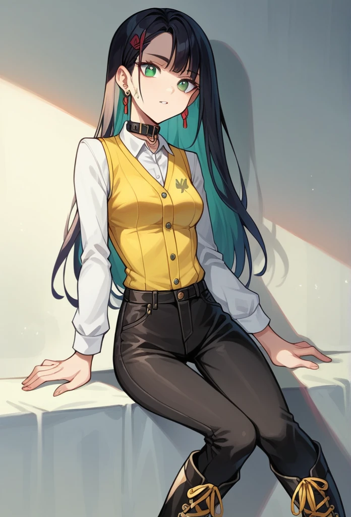girl, portrait, illustration, by rubio , look at the viewer, green eyes, Dressed in a white t-shirt, a yellow leather vest, long sleeves and black pants, high black ankle boots., collar, earrings, slim body beja de statura has a butterfly tattoo on her right arm she has two red strands in her hair she has long hair 