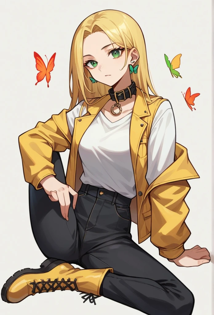 girl, portrait, illustration, by rubio , look at the viewer, green eyes, Dressed in a white t-shirt, a yellow leather vest, long sleeves and black pants, high black ankle boots., collar, earrings, slim body beja de statura has a butterfly tattoo on her right arm she has two red strands in her hair she has long hair 
