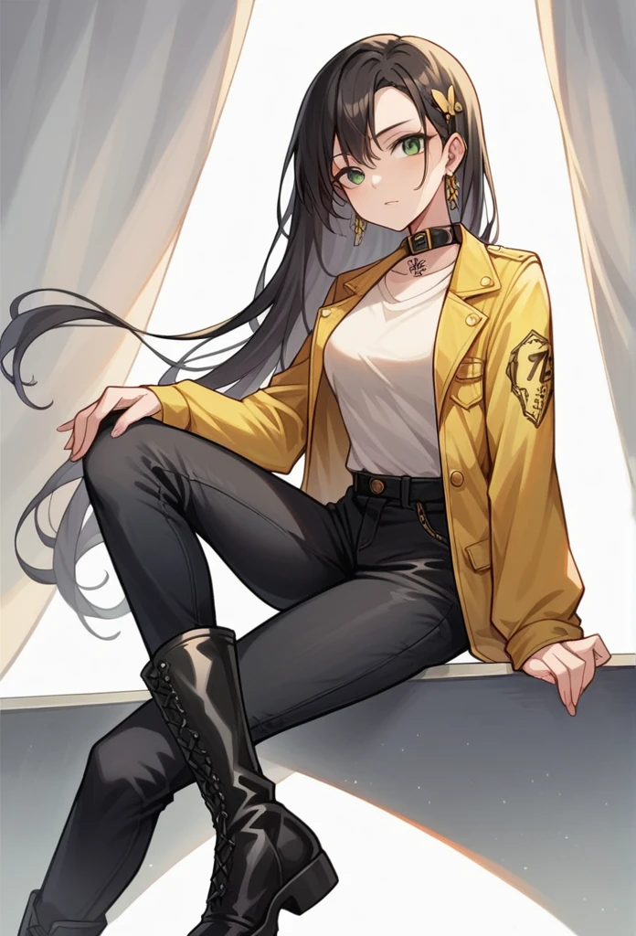 girl, portrait, illustration, by rubio , look at the viewer, green eyes, Dressed in a white t-shirt, a yellow leather vest, long sleeves and black pants, high black ankle boots., collar, earrings, slim body beja de statura has a butterfly tattoo on her right arm she has two red strands in her hair she has long hair 