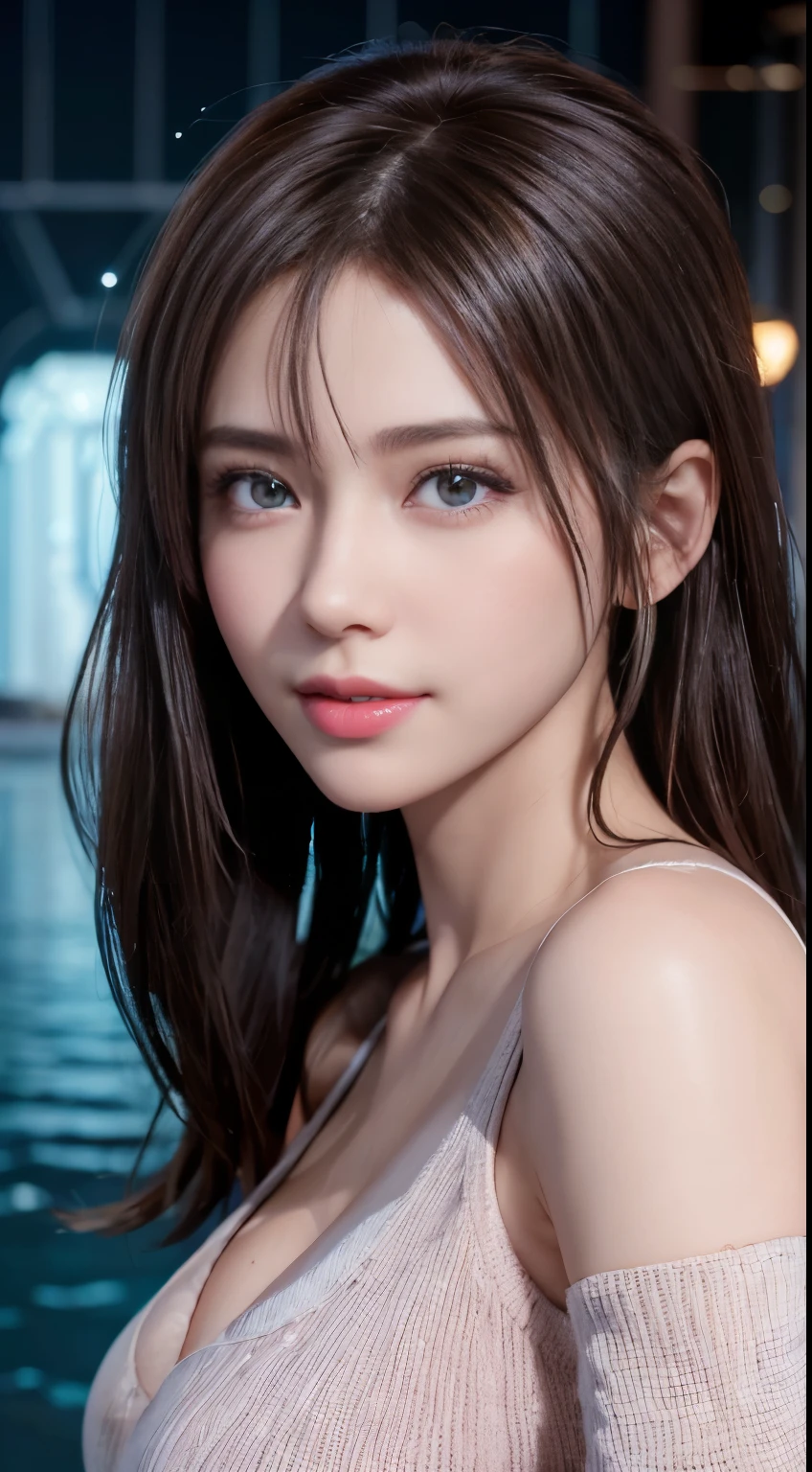 (logo, masterpiece, 8K, Tabletop, RAW Photos, wonderful, 最high quality, Photorealistic and very detailed CG composite 8k wallpaper, high quality, Very detailed, Narrative poem, Particle Effects, Dynamic Effects, Depth of the Boundary, Cinematic Light, Lens flare, Ray Tracing), short hair beautiful young woman, Hair tied back, high detail skin, very fine, fine skin texture, beautiful face, realistic eyes, beautifully detailed eyes, realistic skin, beautiful skin, surreal, smiling eyes, Hair and light eyes, Vibrant, Colorful lights and bokeh. The lighting casts a warm glow on her face and hair, Blue glow, Water surface reflection, Creates a dreamy and magical atmosphere, Big Breasts, Brown Hair, short hair, plump lower lip, pink blush on the cheeks , pink lips, brown tight no-shoulder knit sweater