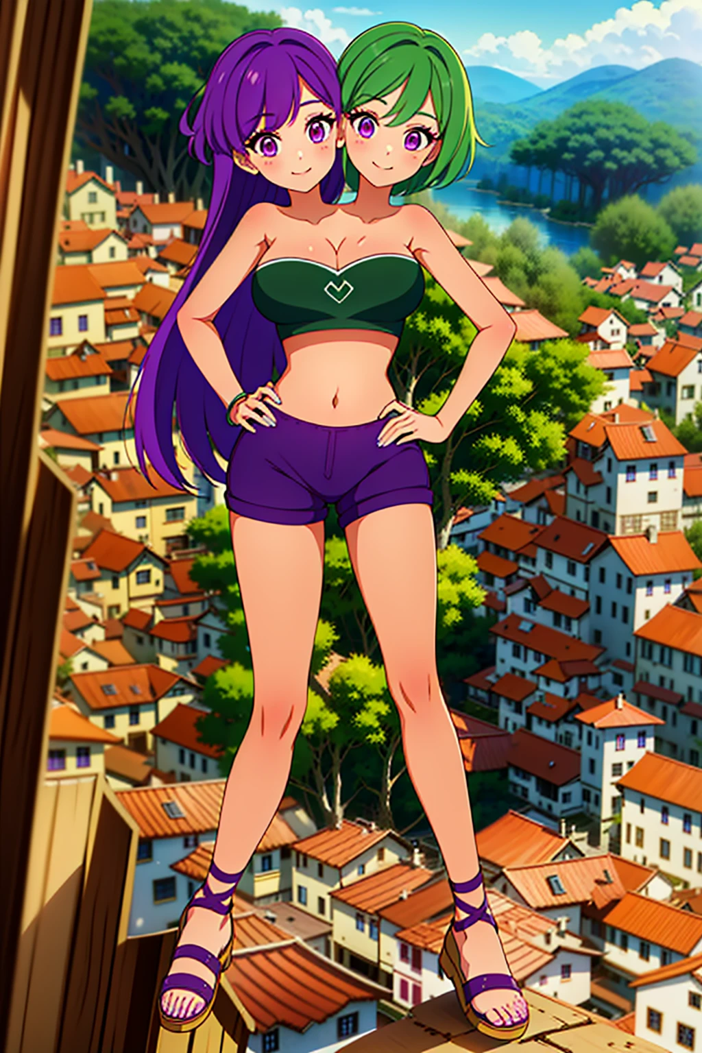 best quality, (masterpiece),(ultra-detailed), (high quality), (high resolution), ((2heads:1.5)), best quality:1.5, highres, UHD, 16K), ((two headed woman)), smiling, highres, masterpiece, ((green hair)), ((purple hair)), ((different hair colors:1.5)), cleavage, ((crop top:1.5)), lustrous and smooth skin, (seductive silhouette), sexy proportions, Beautiful girl with accentuated slender abs, ((full body)), ((village background:1.5)), ((exposed midriff)), body con dress, strapless, sleeveless, magenta eyes, ((long hair)), ((sandals)), ((hot pants))