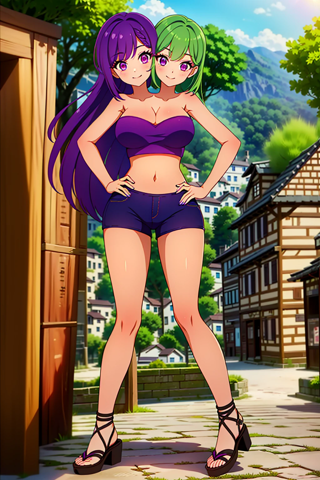 best quality, (masterpiece),(ultra-detailed), (high quality), (high resolution), ((2heads:1.5)), best quality:1.5, highres, UHD, 16K), ((two headed woman)), smiling, highres, masterpiece, ((green hair)), ((purple hair)), ((different hair colors:1.5)), cleavage, ((crop top:1.5)), lustrous and smooth skin, (seductive silhouette), sexy proportions, Beautiful girl with accentuated slender abs, ((full body)), ((village background:1.5)), ((exposed midriff)), body con dress, strapless, sleeveless, magenta eyes, ((long hair)), ((sandals)), ((hot pants))
