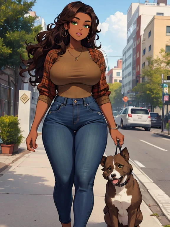 ((Masterpiece)), ((best quality)), 1 irl, gorgeous black African American 20 year old woman, perfect face, perfect curvy body, perfect long wavy brown hair, beautiful green eyes, slim thick, wearing brown flannel, blue jeans, walking on the side walk, outdoors, playful face, big thick thighs, dark skin