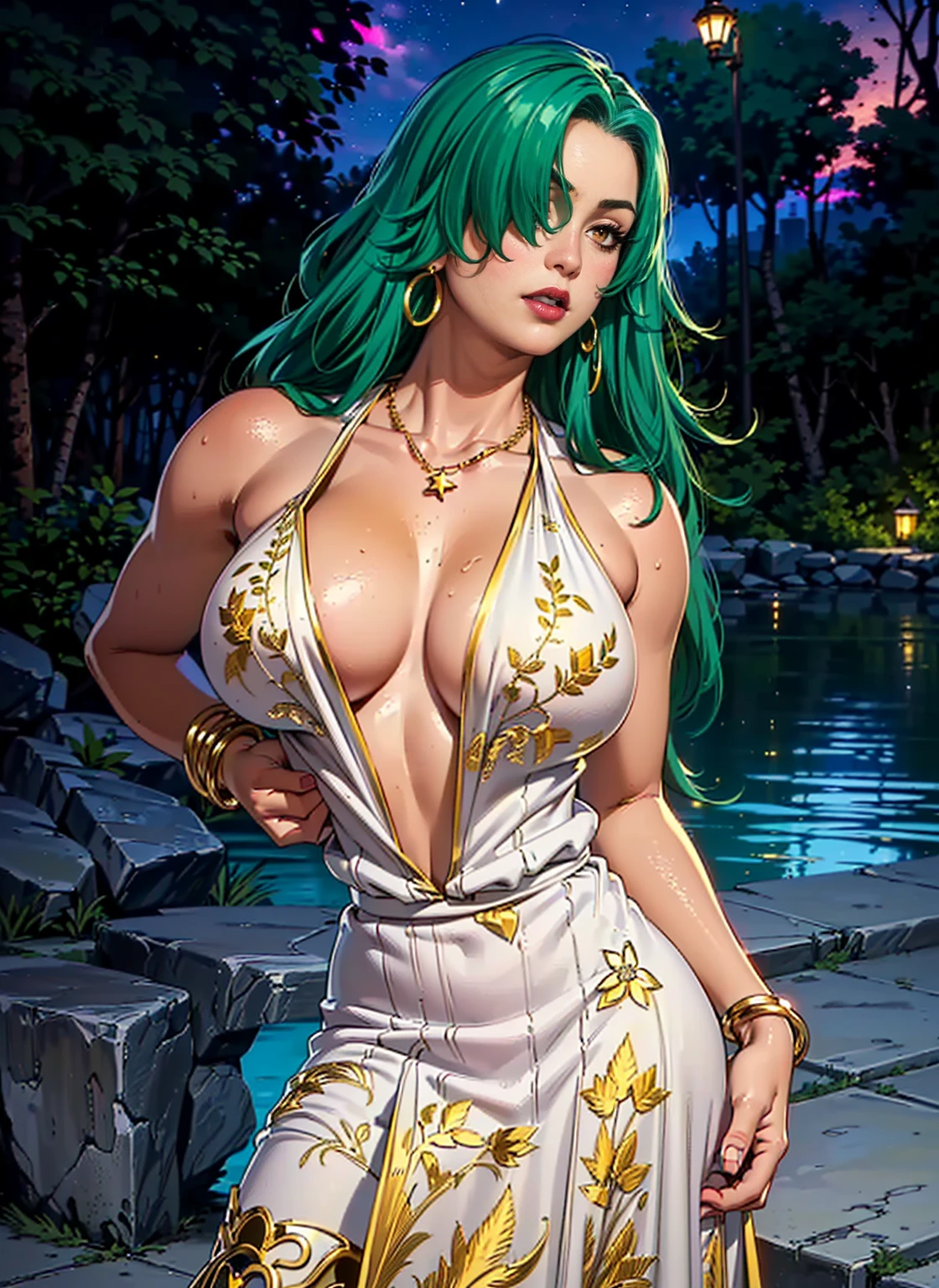 ((1girl, solo ,alone, long hair, green hair, yellow eyes, hair covering one eye, woman, (one hand on her hip, one hand behind her head) , dynamic pose, muscular female, gold bracelets, ruby earrings)), , ((solo, (1woman, pink lipstick), Extremely detailed, ambient soft lighting, 4k, perfect eyes, a perfect face, perfect lighting, a 1girl)),, ((looking at the viewer, white dress, dress golden embroidery, dress with gold details, gold sandals, swimming pools, kiosks, night, stars, trees, forest in the background, city buildings at night, coconut trees, poolside, jewelry, amestista necklace, bracelets, earrings, marble floor))