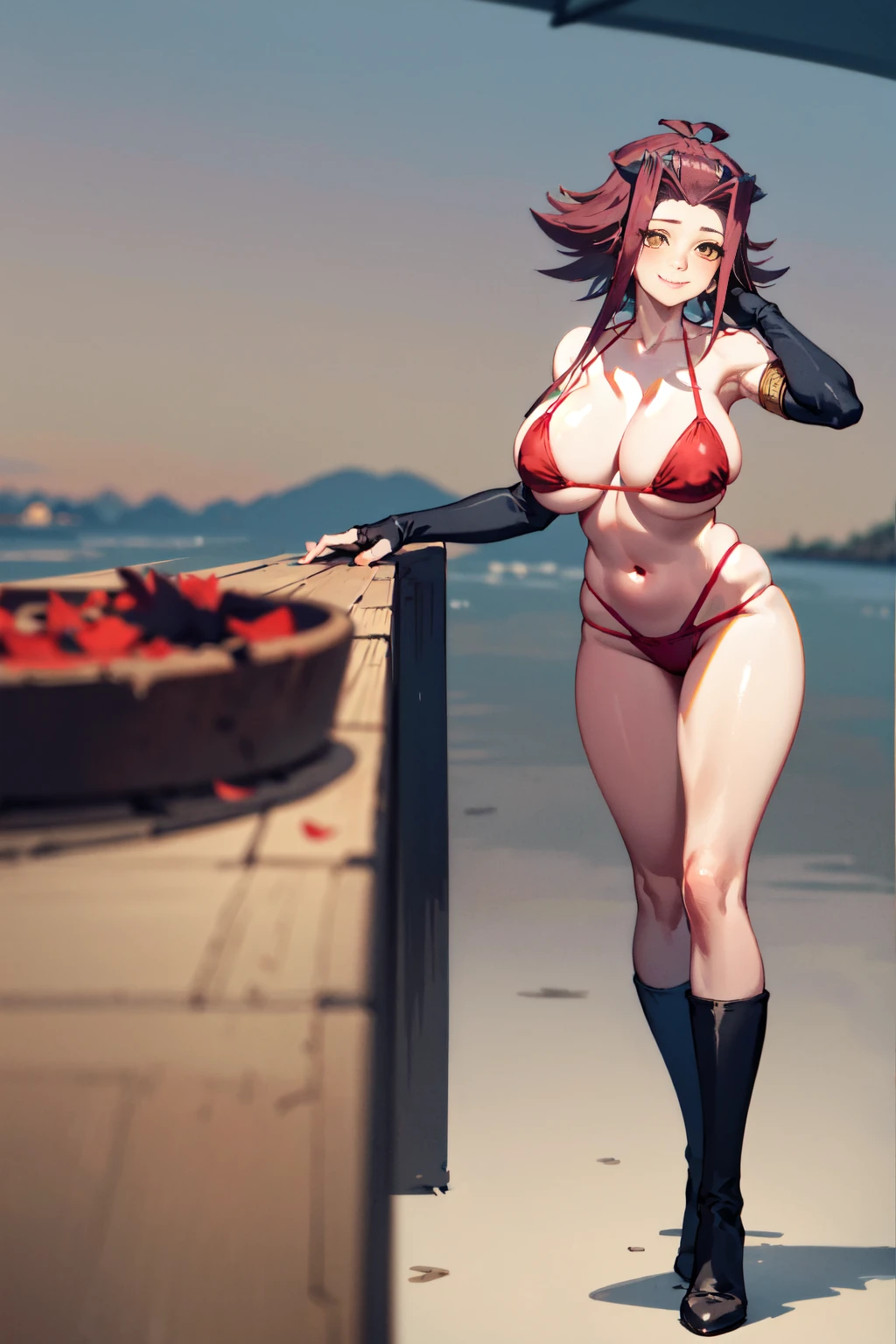 masterpiece, high quality, formula wallpaper, high quality, One girl, alone, 1990s \(style\), Akiza Izinski (Yu-Gi-Oh), ((Puff Cheeks)),1girl,aki1, Izayoi Aki, 独奏, elbow gloves,cleavage,standing,black gloves, large breasts,falling rose petal,look at viewer,red dress,from back,very aesthetic,yellow eye,absurdres, masterpiece, best quality, 1girl, 独奏, looking at viewer, realistic, 8K, sharp focus, photorealistic, full body, highres, highly detailed, ultra-detailed, breasts, 4K, high quality, extremely detailed cg unity 8K wallpaper, sexy pose, seductive smile, mature female, milf Beautiful Finger,Beautiful long legs,Beautiful body,Beautiful Nose,Beautiful character design, perfect eyes, perfect face, red bikini, beach, aki1, Izayoi Aki,