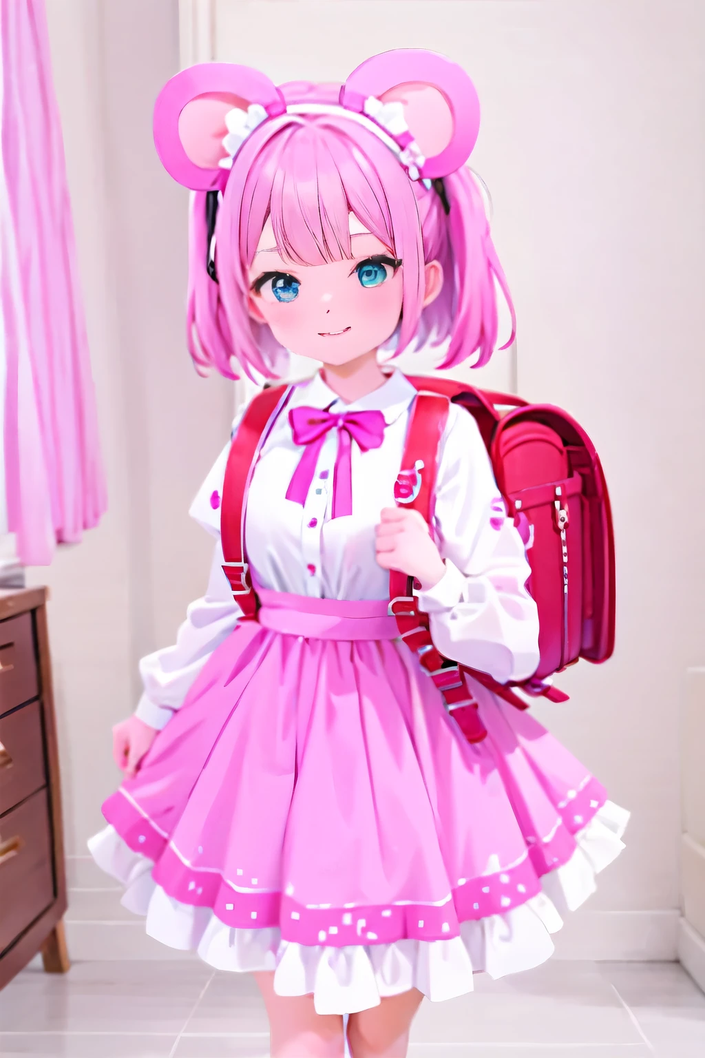 there is a  in a dress and sandals standing in a room, hold the skirt, 7 year old, minnie mouse hairbands, ((high quality)), magical dress, magic , cosplay of a minnie mouse! maid! dress, white and teal garment, sea - pink and white clothes, sanrio, white shirt and pink skirt, full subject shown in photo, cute, lolita drrss, , wearing Randoseru backpack, (backpack:1.2), buzzer