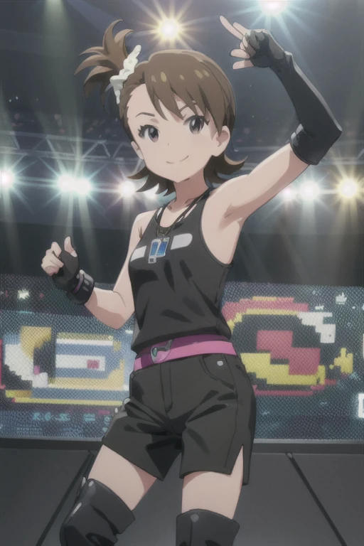 (((pixel-perfect, detail-perfect))), solo, 1girl, ami futami, tank top black, bracelet, necklace, looking at viewer, smile, elbows arm black, gloves black, fingerless gloves, black pants, pads legs black, boots black, arena wwe