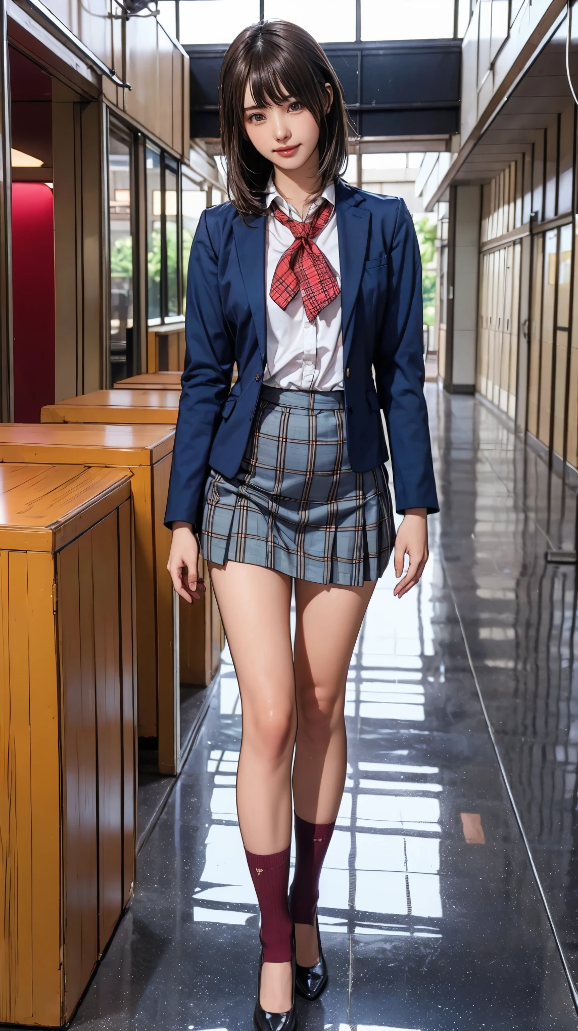 ((masterpiece)),(((Highest quality))),Thin thighs,Long legs,Girl standing in school corridor,Red Tie Uniform,Dark Blue Blazer,Blue plaid skirt,18-year-old,bangs,A small smile,Random Pause,pretty girl,Slender girl,セクシーRandom Pause:1.2