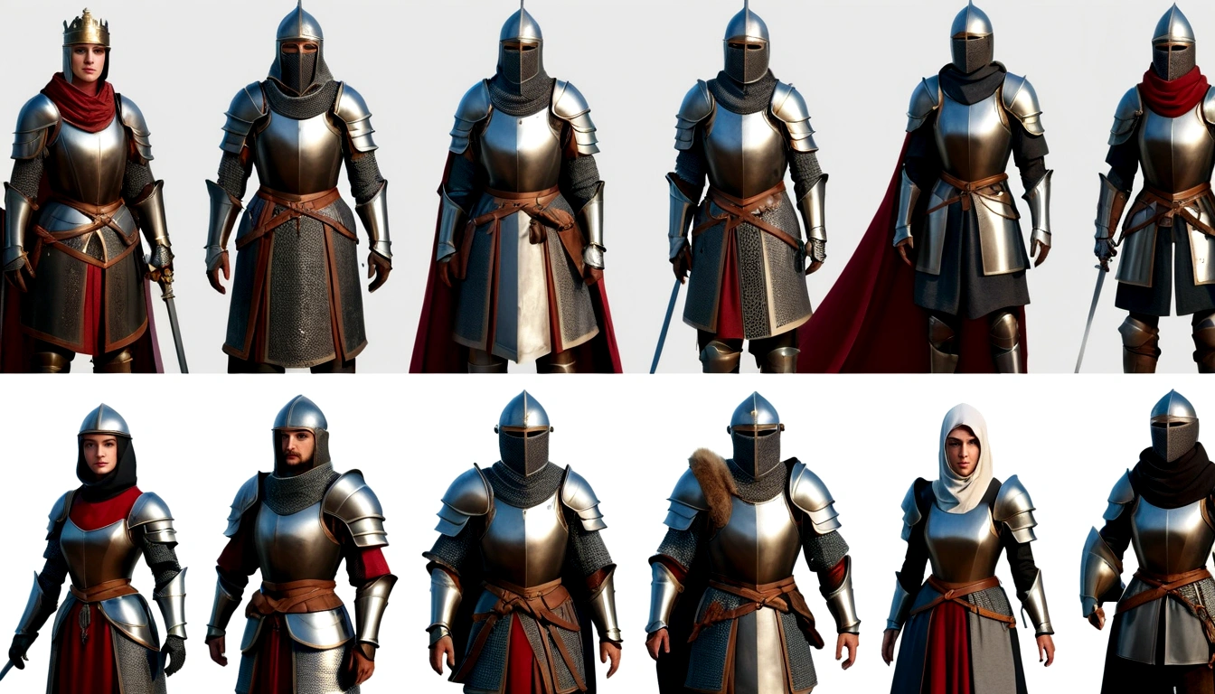 People in different costumes々Group images, A combination of Medieval armor and technology., Medieval armor masks, Medieval+technologies, Character concept art in 8K resolution, 8. concept art style, amazing Character concept art in 8K resolution, Functional Style Fashion, eyes
