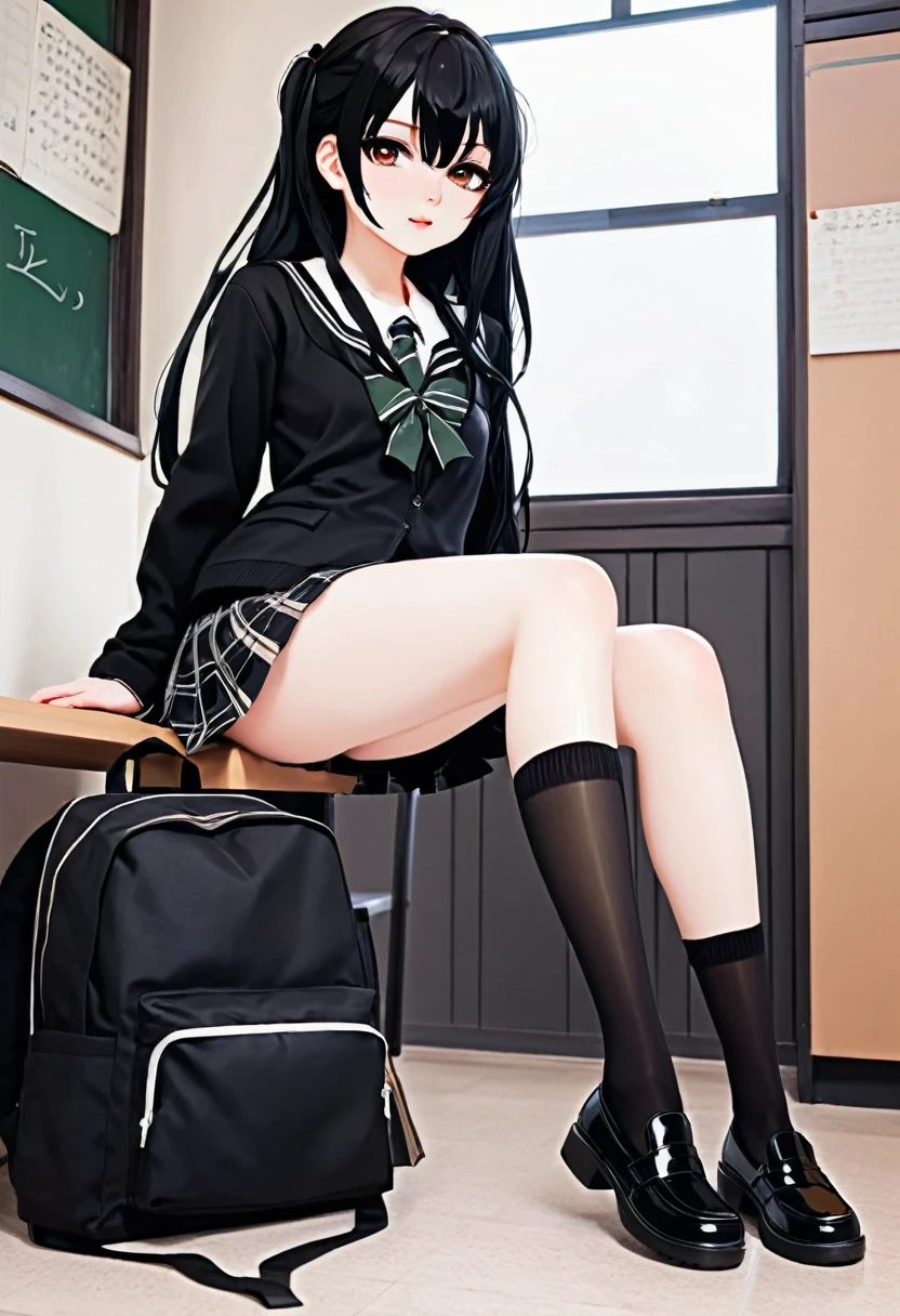 Create a cute tsundere with black hair, sexy tsundere face, pale skin, black school clothes, toned legs, legs thick 