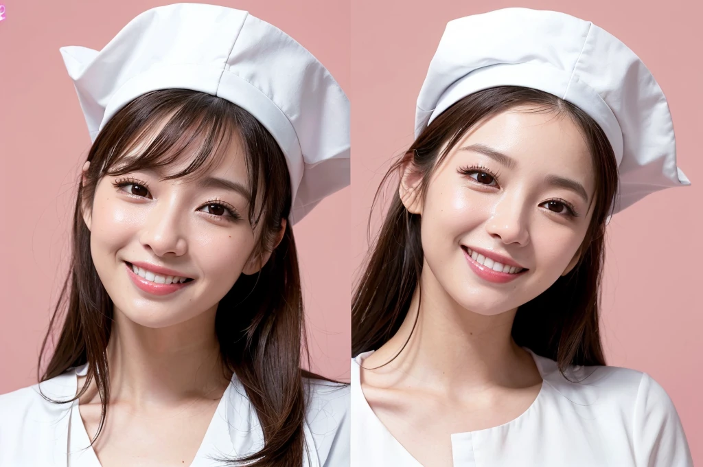 (On the table、best quality、8K、Award-winning works、Ultra-high resolution)、A beautiful nurse、(The most natural and perfect white nurse:1.2)、(Accurate real nurse:1.2)、(Perfect plain nurse hat:1.1)、(Real nurse hat with horns:1.1)、Shiny hair、glossy lipstick、(The most beautiful smile looks at me:1.2)、(Show your beautiful teeth,Smile brightly:1.2)、(A woman stands perfectly in front of you、Equal space above, under, about.:1.1)、(Skin is moist and shiny:1.1)、(Close-up of face:1.5)、(Pink background image:1.3)、Accurate anatomy、Ultra HD hair、Ultra HD Beauty、輝くUltra-high resolutionの美肌、Ultra-high resolutionの艶やかな唇、(Face straight ahead:1.1)、(The body faces straight forward:1.1)