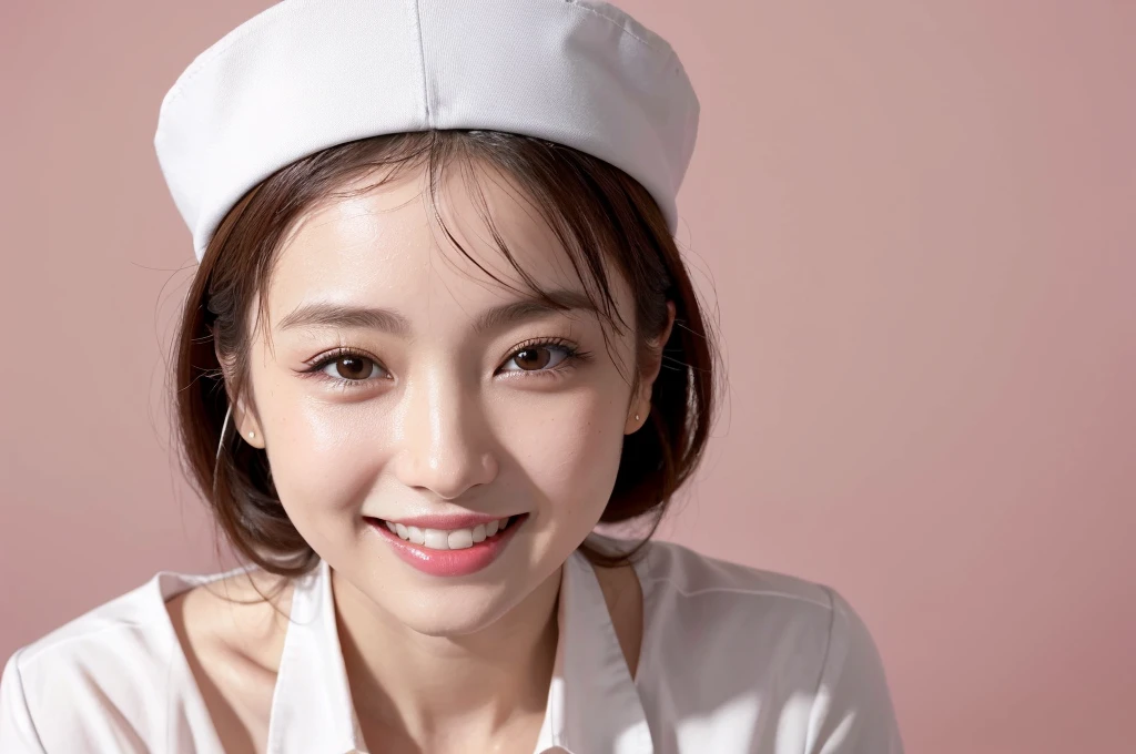 (table top、highest quality、8k、Award-winning work、ultra high resolution)、one beautiful nurse、(The most natural and perfect white nurse uniform:1.2)、(accurate real nurse uniform:1.2)、(perfect plain nurse cap:1.1)、(angular real nurse cap:1.1)、shiny hair、bright and glossy lipstick、(the best smile looking at me:1.2)、(Show your beautiful teeth and smile big:1.2)、(A woman perfectly positioned right in front of you、have equal space above, Under, about.:1.1)、(wet and shiny skin:1.1)、(close up of face:1.5)、(the simplest pink background:1.3)、accurate anatomy、ultra high definition hair、Ultra high definition beauty face、輝くultra high resolutionの美肌、ultra high resolutionの艶やかな唇、(Face covered with a large amount of semen:1.5)、(Face facing straight ahead:1.1)、(body facing straight ahead:1.1)