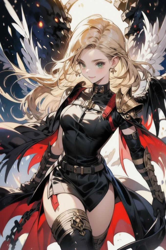 fantasy, 1devil_girl, low_teen, platina_blond_hair,long_bangs,, bare_shoulder, navel out, thighhighs,silver_armor, white_clothes,waist_armor, Glebe, hold_swords, medium_breasts, dynamic_flying_pose,Floating, (1pair_bat_wings:1.2),(pelvic_curtain:1.3), silver_Headgear ,looking_down_at_sunrise_city_sky_background,,slightly_spread_legs, some_swords,some_swords_floating_around_the_girl,solo,horn ,smile,,open_legs,open_arms,rise_knee,rise_leg,rise_thigh,rise_leg,forward_leaning_posture,apart_legs,