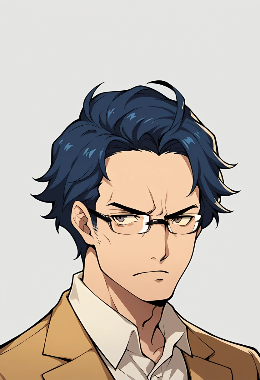 man with serious expression, dark blue hair, glasses