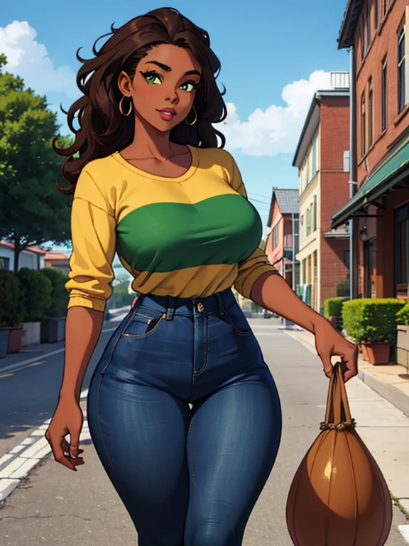 ((Masterpiece)), ((best quality)), 1 irl, gorgeous black African American 20 year old woman, perfect face, perfect curvy body, perfect long wavy brown hair, beautiful green eyes, slim thick, wearing brown flannel, blue jeans, walking on the side walk, outdoors, playful face, big thick thighs, dark skin