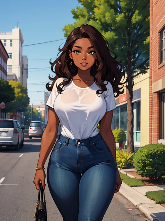 ((Masterpiece)), ((best quality)), 1 irl, gorgeous black African American 20 year old woman, perfect face, perfect curvy body, perfect long wavy brown hair, beautiful green eyes, slim thick, wearing brown flannel, blue jeans, walking on the side walk, outdoors, playful face, big thick thighs, dark skin