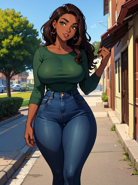 ((Masterpiece)), ((best quality)), 1 irl, gorgeous black African American 20 year old woman, perfect face, perfect curvy body, perfect long wavy brown hair, beautiful green eyes, slim thick, wearing brown flannel, blue jeans, walking on the side walk, outdoors, playful face, big thick thighs, dark skin