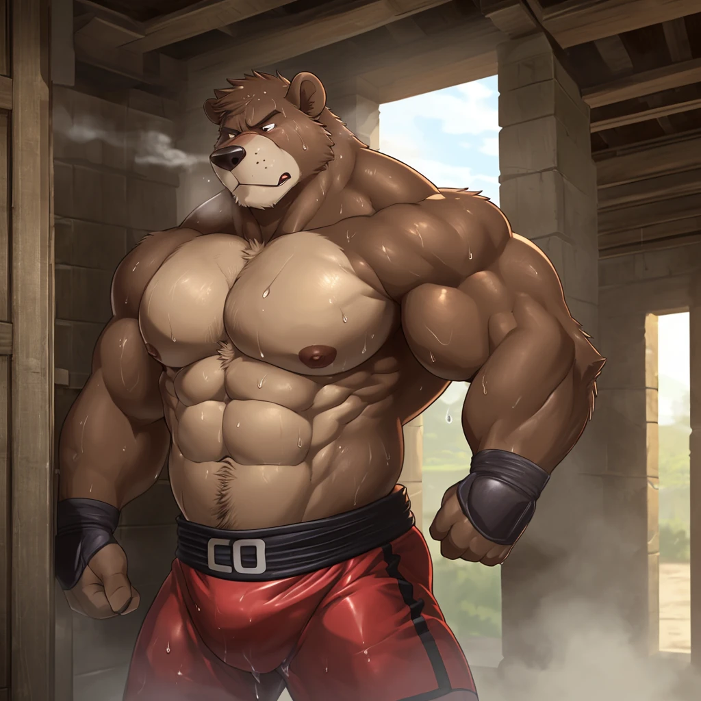 ((solo)), (anthro:1.2) bear (lora; little john), adult, (athletic:1.4), (dense muscles), (super strong:1.4), (correct anatomy:1.2), (broad shoulders:1.2), (heavy build, massive body:1.6), (realistic fur, detailed brown fur texture:1.3), detailed background (corner of the kickboxing ring:1.6), photorealistic, (black compression shorts), (bare torso:1.4), (foowear:1.2), (detailed clothing), hyperrealistic, ultradetailed, (by wfa:1.2), (by takemoto_arashi, by vorusuarts, by Traver009:1, by grimfaust:1), natural lighting, (wet. sweat:1.4), exhausted, ursine head (open eyes, brown mane), (steaming breath:1.2), ((serious:1.4) expression), (kicking:1.6), (view from right:1.4)