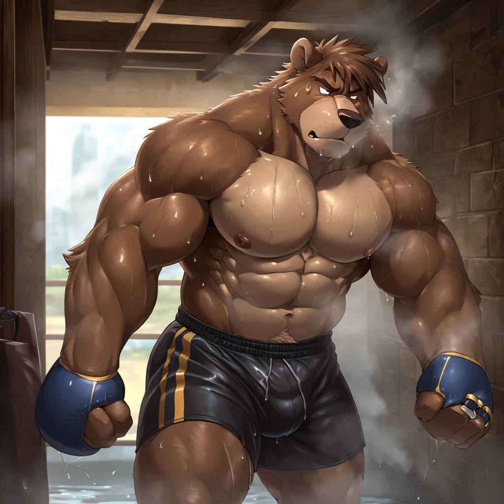 ((solo)), (anthro:1.2) bear (lora; little john), adult, (athletic:1.4), (dense muscles), (super strong:1.4), (correct anatomy:1.2), (broad shoulders:1.2), (heavy build, massive body:1.6), (realistic fur, detailed brown fur texture:1.3), detailed background (corner of the kickboxing ring:1.6), photorealistic, (black compression shorts), (bare torso:1.4), (foowear:1.2), (detailed clothing), hyperrealistic, ultradetailed, (by wfa:1.2), (by takemoto_arashi, by vorusuarts, by Traver009:1, by grimfaust:1), natural lighting, (wet. sweat:1.4), exhausted, ursine head (open eyes, brown mane), (steaming breath:1.2), ((serious:1.4) expression), (kicking:1.6), (view from right:1.4)