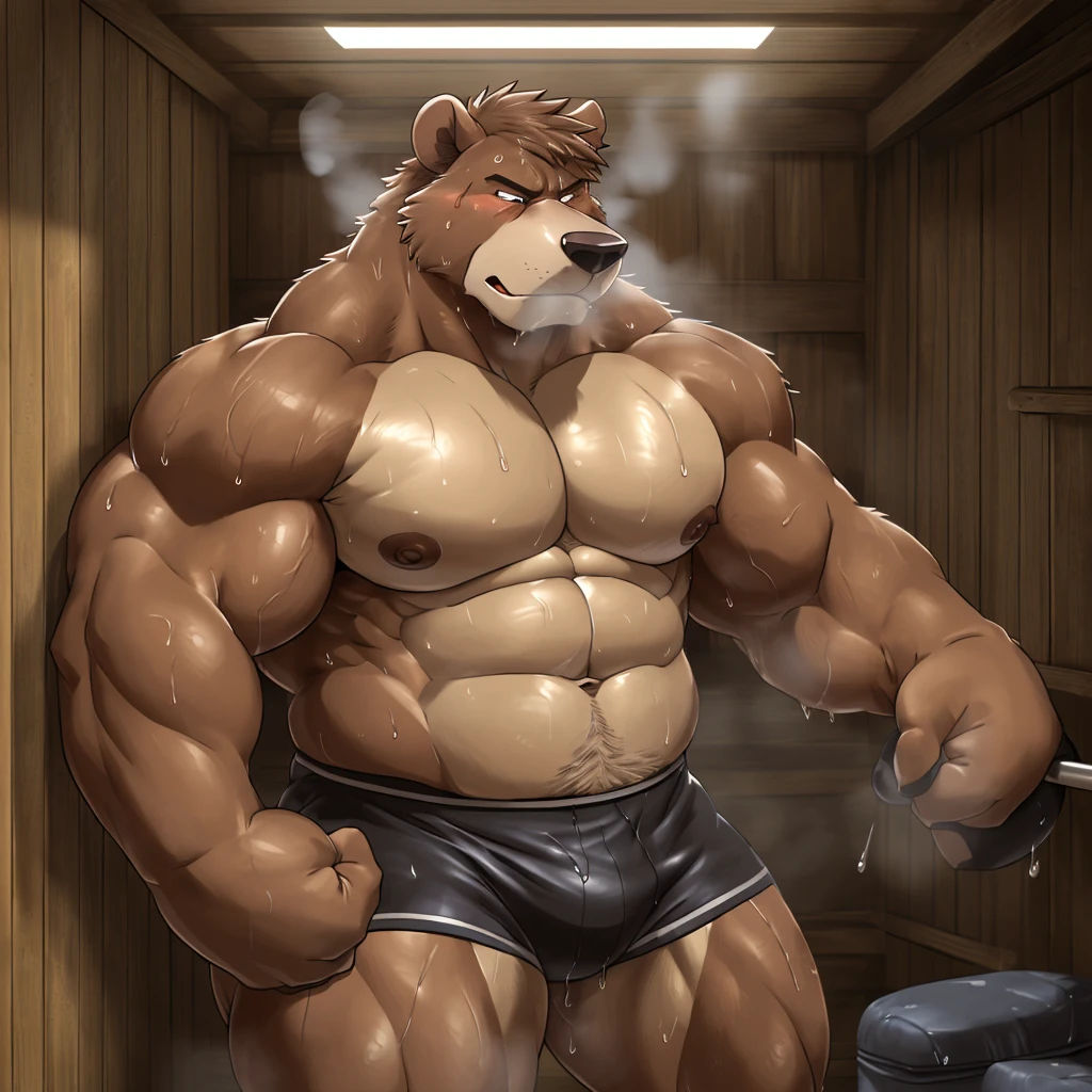 ((solo)), (anthro:1.2) bear (lora; little john), adult, (athletic:1.4), (dense muscles), (super strong:1.4), (correct anatomy:1.2), (broad shoulders:1.2), (heavy build, massive body:1.6), (realistic fur, detailed brown fur texture:1.3), detailed background (corner of the kickboxing ring:1.6), photorealistic, (black compression shorts), (bare torso:1.4), (foowear:1.2), (detailed clothing), hyperrealistic, ultradetailed, (by wfa:1.2), (by takemoto_arashi, by vorusuarts, by Traver009:1, by grimfaust:1), natural lighting, (wet. sweat:1.4), exhausted, ursine head (open eyes, brown mane), (steaming breath:1.2), ((serious:1.4) expression), (kicking:1.6), (view from right:1.4)
