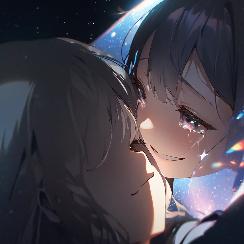 Top quality, masterpiece, girl, sparkling tears, moonlight effect in the darkness, close-up, double exposure, shadow,Tears that emit a dazzling light,Starlight spreading across the sky,Looking up at the sky,smile