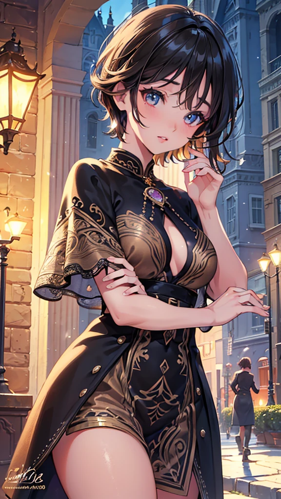 1 character, Woman, tanned skin, brown eyes, short messy hair, black and brown hair, small, big tits, big thighs, a little fat, winter creature, winter, cold (best quality, 4k, 8k, high resolution, masterpiece: 1.2), ultra detailed, (realistic, photo-realistic, photo-realistic: 1.37), highly detailed portrait, beautiful detailed eyes, beautiful detailed lips, extremely detailed eyes and face, long eyelashes, intricate details, fantasy, realism magical, vibrant colors, bright lights, adorable, cute, tender
