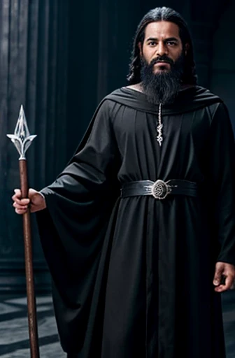 A young, youthful black god, black robes, black beard, black hair, a crystal staff as dark as midnight, pure black eyes, evil smirk