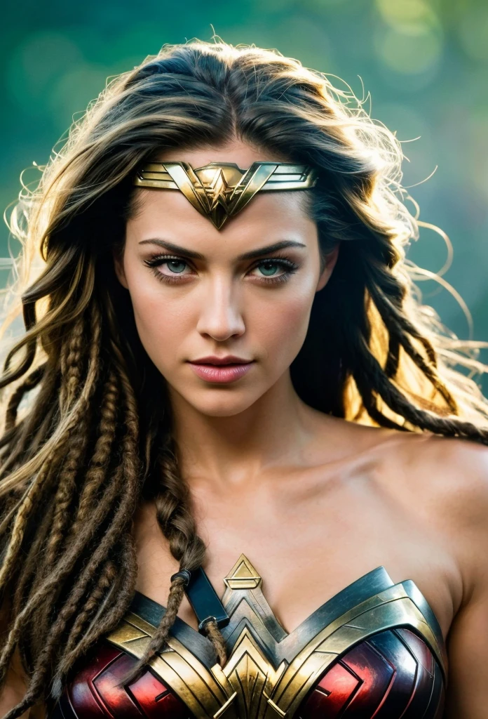 In extreme close-up a beautiful woman Katheryn Winnick under the mantle of the Amazon warrior, Wonder woman, Black hair Dreadlocks portrait of Wonder Woman, fair collectibles, Hybrid by Katheryn Winnick, Katheryn Winnick as hell lord, retrato de Katheryn Winnick, Katheryn Winnick as Wonder Woman, Cinematic bust shot, SideShow Figurines, retrato de Katheryn Winnick, cara como Katheryn Winnick, powerful pose