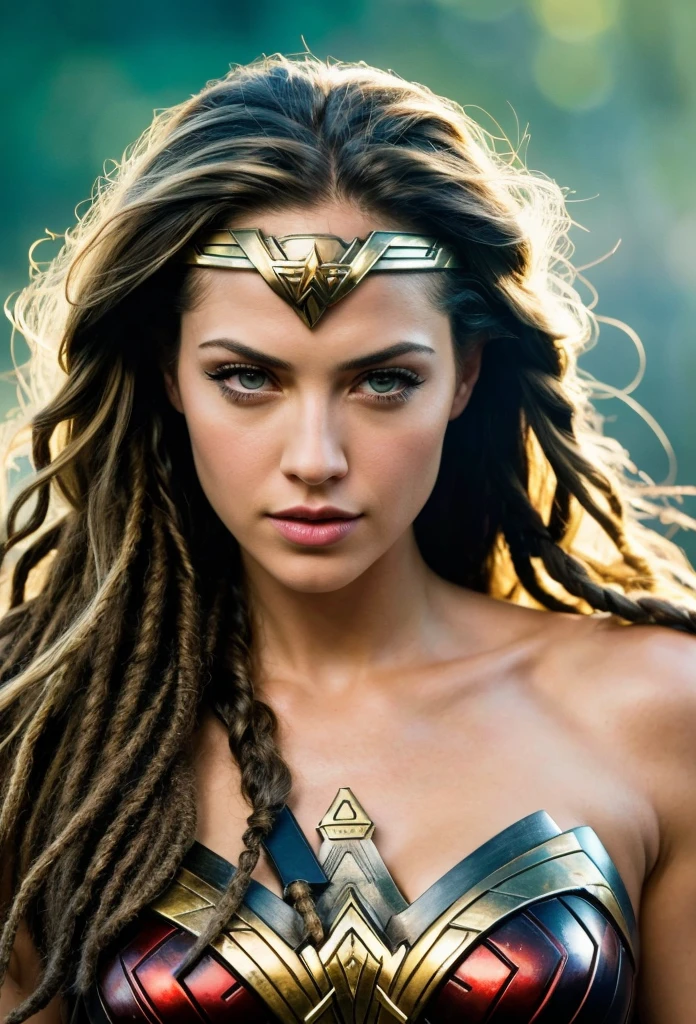 In extreme close-up a beautiful woman Katheryn Winnick under the mantle of the Amazon warrior, Wonder woman, Black hair Dreadlocks portrait of Wonder Woman, fair collectibles, Hybrid by Katheryn Winnick, Katheryn Winnick as hell lord, retrato de Katheryn Winnick, Katheryn Winnick as Wonder Woman, Cinematic bust shot, SideShow Figurines, retrato de Katheryn Winnick, cara como Katheryn Winnick, powerful pose