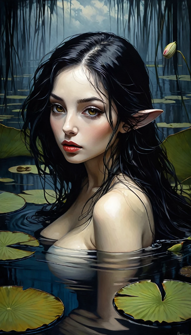 ((woman and her pet rat) long black hair, eroticism, sexy, black and white image, between shadows,in the water of a dark swamp with water lilies, oil painting, dramatic lighting, dramatic contrast, chiaroscuro, detailed face, sensual expression, elegant pose, female figure, mysterious, moody, cinematic, dark romantic, Bill Sienkiewicz inspired, dark atmosphere, powerful composition, dramatic shadows, high quality, photorealistic, masterpiece (best quality,4k,8k,highres,masterpiece:1.2),ultra-detailed,(realistic,photorealistic,photo-realistic:1.37),intricate details,,sharp focus,professional,Dave McKean artwork, oil touch of surrealism,oil painting style,portrait,woman,beautiful detailed eyes,beautiful detailed lips,dreamlike atmosphere,shadow play,soft lighting,playful pose,dark hues,ethereal background,fantasy elements,texture,layered composition.