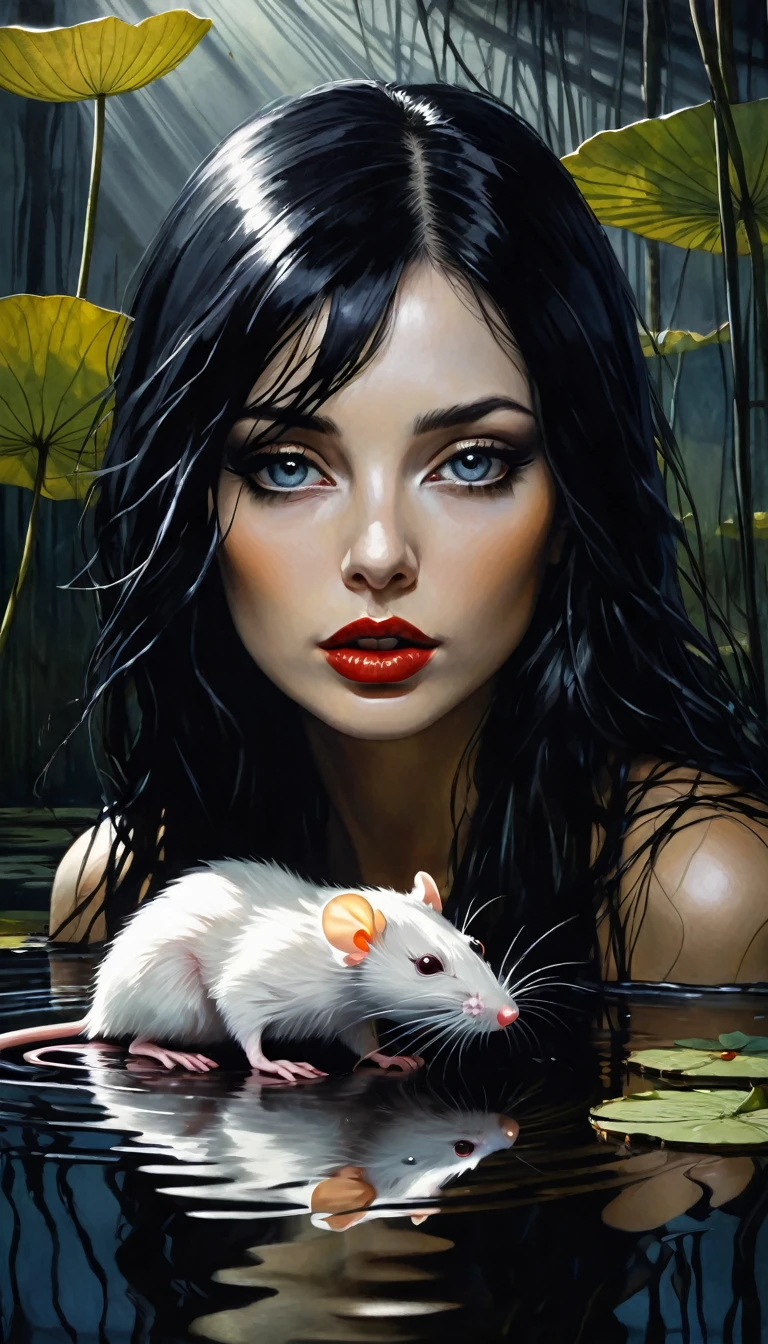 magical girl with her pet mouse, very long black hair, perfect ass, naked communing with nature and night magic, sinister swamp with water lilies, magic, fantastic, night sky, moons, stars, background, (art inspired by Bill Sienkiewicz ). oil painting) (best quality,4k,8k,highres,masterpiece:1.2),ultra-detailed,(realistic,photorealistic,photo-realistic:1.37),intricate details,vivid colors,sharp focus,professional,Dave McKean artwork, oil touch of surrealism,oil painting style,portrait,woman,beautiful detailed eyes,beautiful detailed lips,dreamlike atmosphere,shadow play,soft lighting,playful pose,