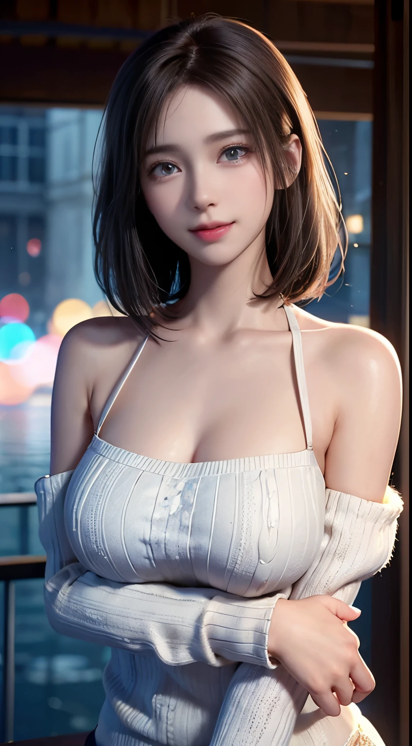 (logo, masterpiece, 8K, Tabletop, RAW Photos, wonderful, 最high quality, Photorealistic and very detailed CG composite 8k wallpaper, high quality, Very detailed, Narrative poem, Particle Effects, Dynamic Effects, Depth of the Boundary, Cinematic Light, Lens flare, Ray Tracing), short hair beautiful young woman, Hair tied back, high detail skin, very fine, fine skin texture, beautiful face, realistic eyes, beautifully detailed eyes, realistic skin, beautiful skin, surreal, smiling eyes, Hair and light eyes, Vibrant, Colorful lights and bokeh. The lighting casts a warm glow on her face and hair, Blue glow, Water surface reflection, Creates a dreamy and magical atmosphere, Big Breasts, Brown Hair, short hair, plump lower lip, pink blush on the cheeks , pink lips, brown tight no-shoulder knit sweater