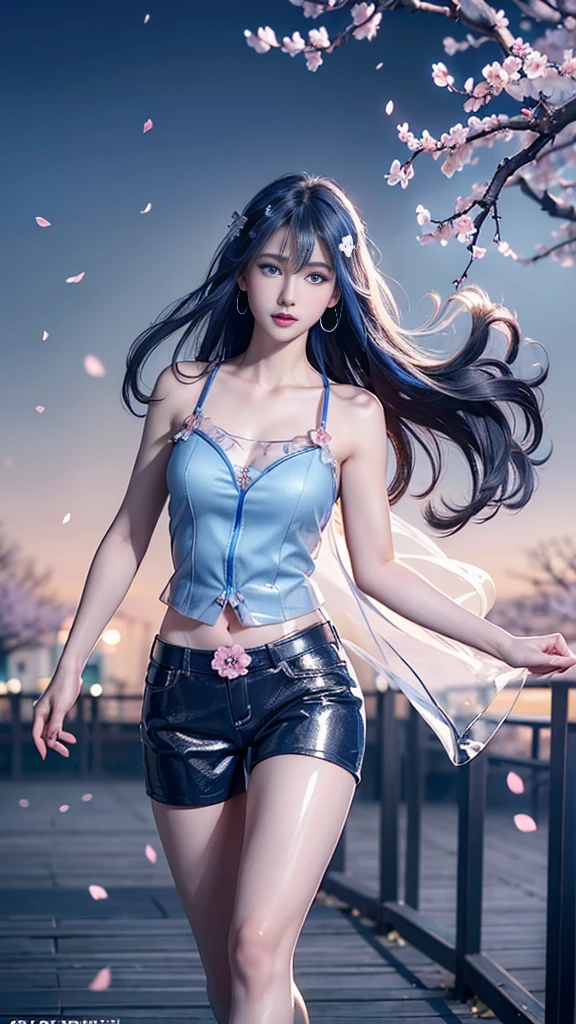 (Logo, masterpiece, 8K, On the table, RAW photos, wonderful, 最high quality, Photorealistic and hVery detailed CG integrated 8K wallpaper, high quality, Very detailed, Narrative Poems, Particle Effects, dynamic effect, Written border depth, light, lens flare, Ray Tracing)), fantasy, ((1 beautiful woman, Clear blue eyes, 赤いLong hair, Pretty Face, serious, Beautiful and delicate eyes, Beautiful skin, Woman dancing gracefully:1.7, Woman dancing gracefully:1.7)), 長い赤い髪がwindでなびく, 长长的红hair jump动, 長い赤い髪がwindで踊る, hair jump, camisole, Red leather pants, Red leather jacket, Silver earrings, ((night, wind, dark, Full Moon, night空, wind, Cherry blossoms, Cherry blossomsの花びらが舞っている, Cherry blossoms吹雪, Falling Flowers, Flying petals)), Hips up, beautiful eyes, Long hair, ringed eyes, Jewelry, Tattoo, Hanfu, Chinese Fairy, Taoist costumes