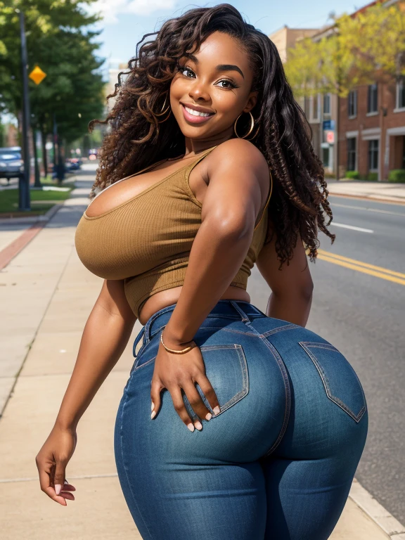 ((Masterpiece)), ((best quality)), 1 irl, gorgeous black African American 20 year old woman, perfect face, perfect curvy body, perfect long wavy brown hair, beautiful green eyes, slim thick, wearing brown flannel, blue jeans, walking on the side walk, outdoors, playful face, big thick thighs, dark skin