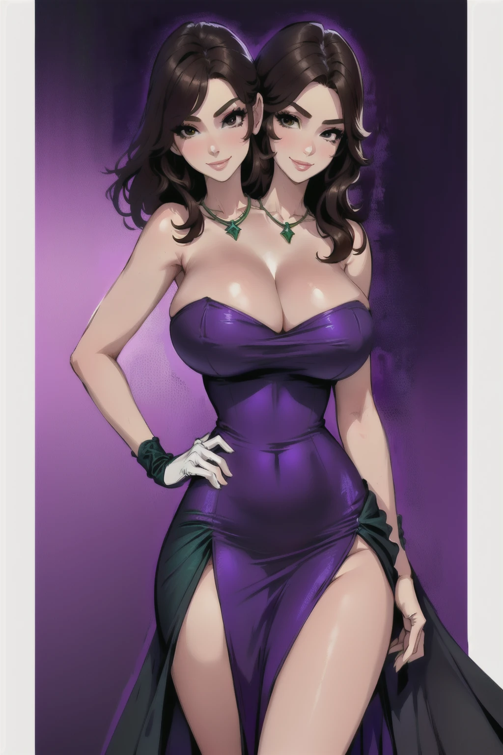 best quality, (masterpiece),(ultra-detailed), (high quality), (high resolution), ((2heads:1.5)), best quality:1.5, highres, UHD, 16K), two headed woman, smiling, highres, masterpiece, ((brown hair:1.5)),cleavage, ((vibrant green dress:1.5)), lustrous and smooth skin, huge breasts, (mature woman), seductive silhouette, ((slim hips)), casual dress, sexy proportions, Beautiful girl with accentuated slender abs, long legs, seductive woman, background, necklace, body con dress, strapless, sleeveless, ((black eyes)), white gloves, business office