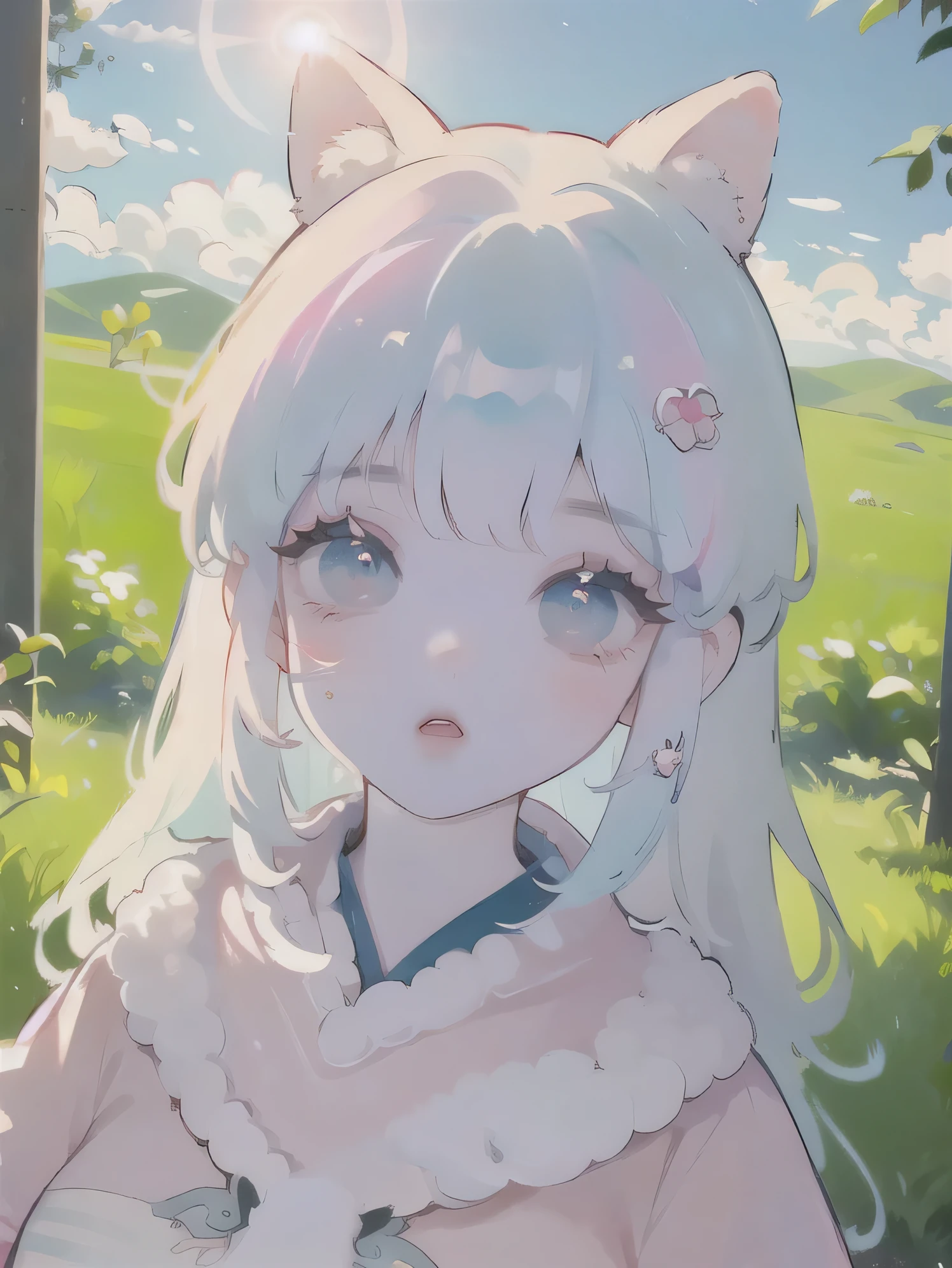 (high quality) (best quality) (a woman) (correct physiognomy) (perfect students) (perfect eyes) anime woman, deep pink, long and fluffy hair, two rabbit ears coming out of her head, blue eyes, lips sensitive, feminine appearance, soft facial features, thin eyebrows, soft skin, rosy cheeks, pink lips, silky eyelashes, dreamy expression, middle age, youthful clothing, print sweatshirt, photo illuminated by sunlight, Woman sitting on forest.